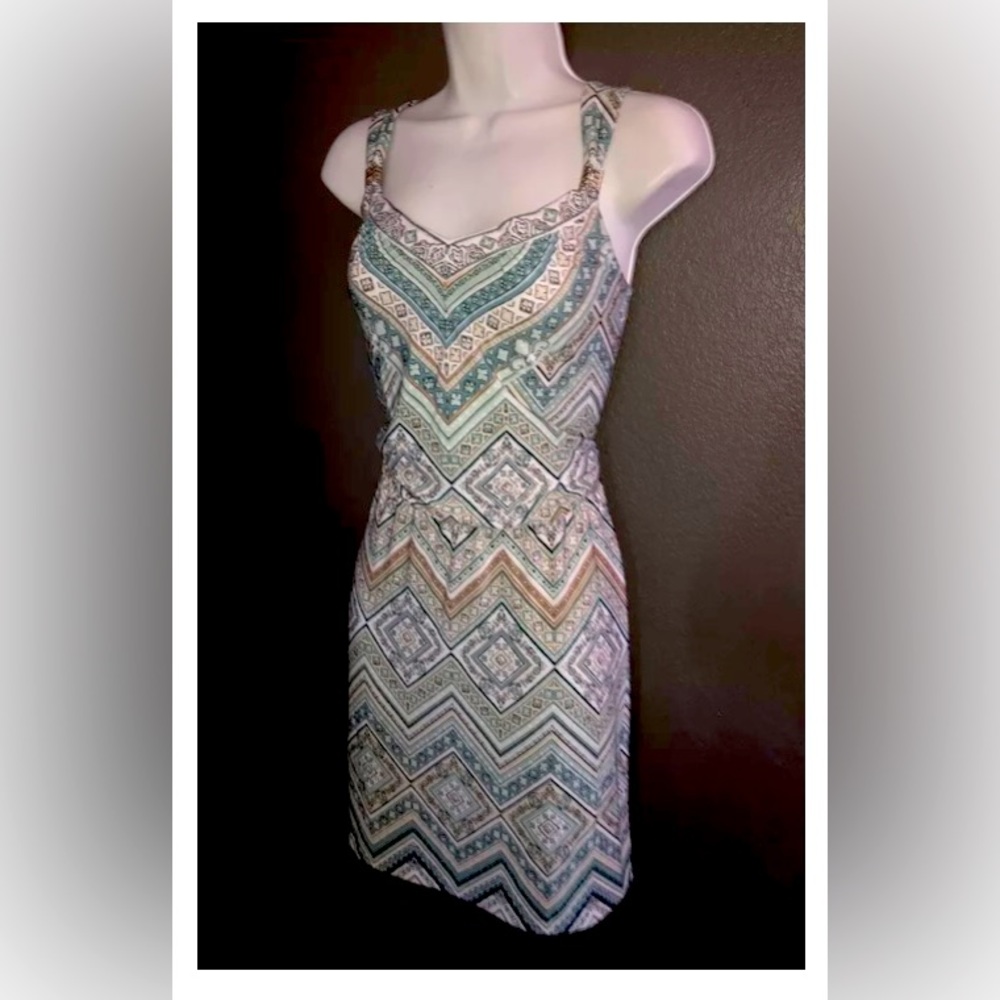 WHBM Dress. Teal Aztec Geometric Drop Waist Dress. Size Small